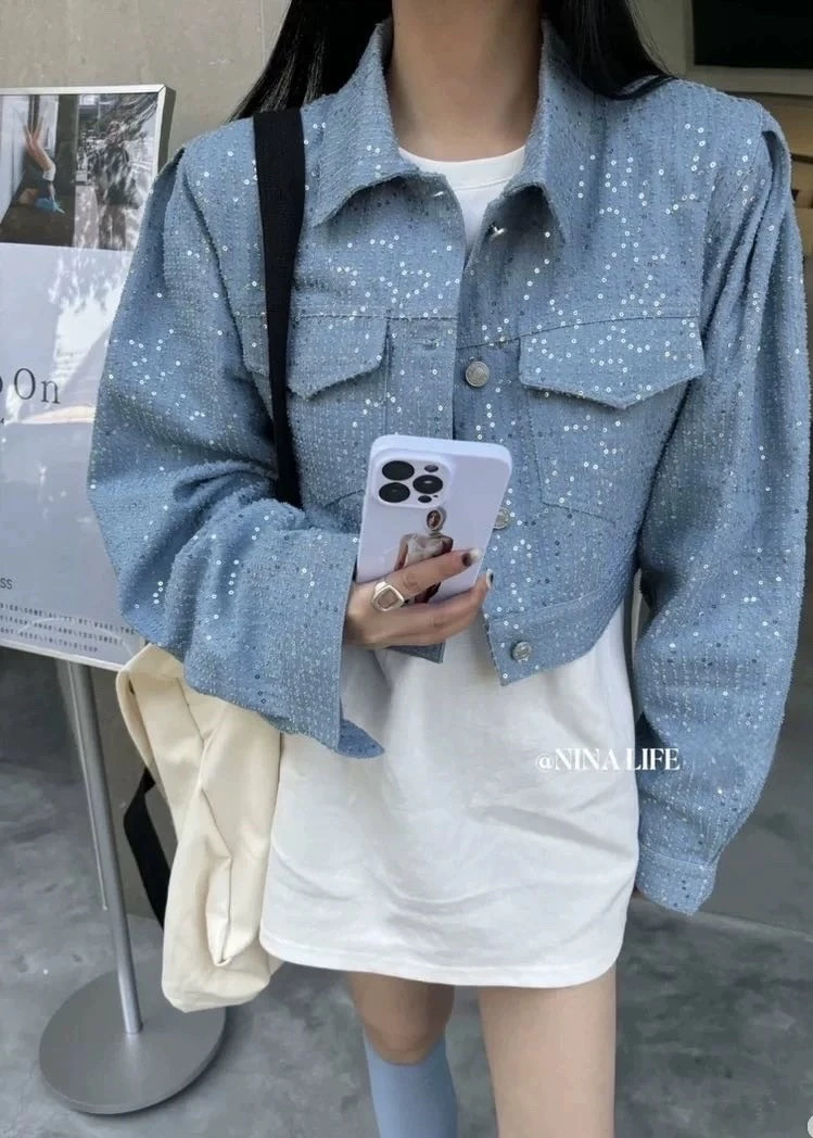 小众NINALIFE正版韩货满天星亮片短款牛仔薄棉外套女百搭休闲上衣