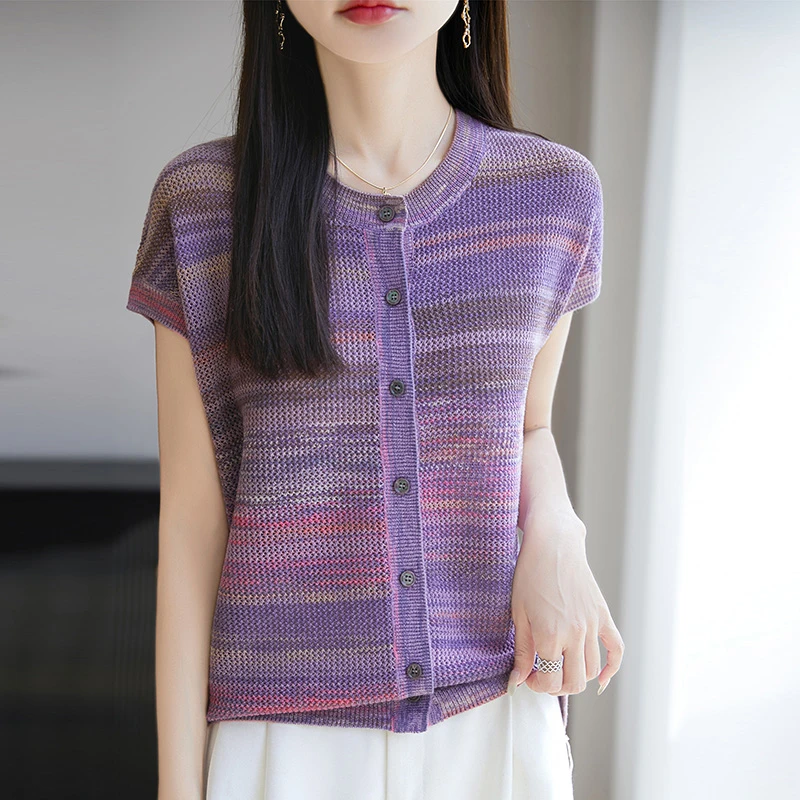 渐变色气质短袖针织开衫女夏季2025新款薄款高级感落肩小飞袖上衣