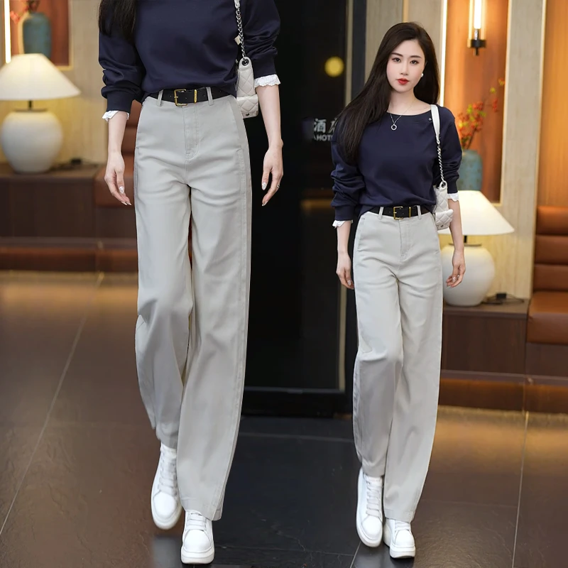 莫兰迪灰牛仔裤女春季新款阔腿裤高腰垂感宽松直筒休闲百搭弯刀裤