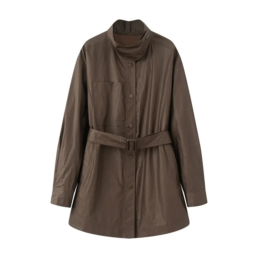 艾家同款休闲风长袖立领女中长款秋季风衣皮衣宽松韩系=AR103041