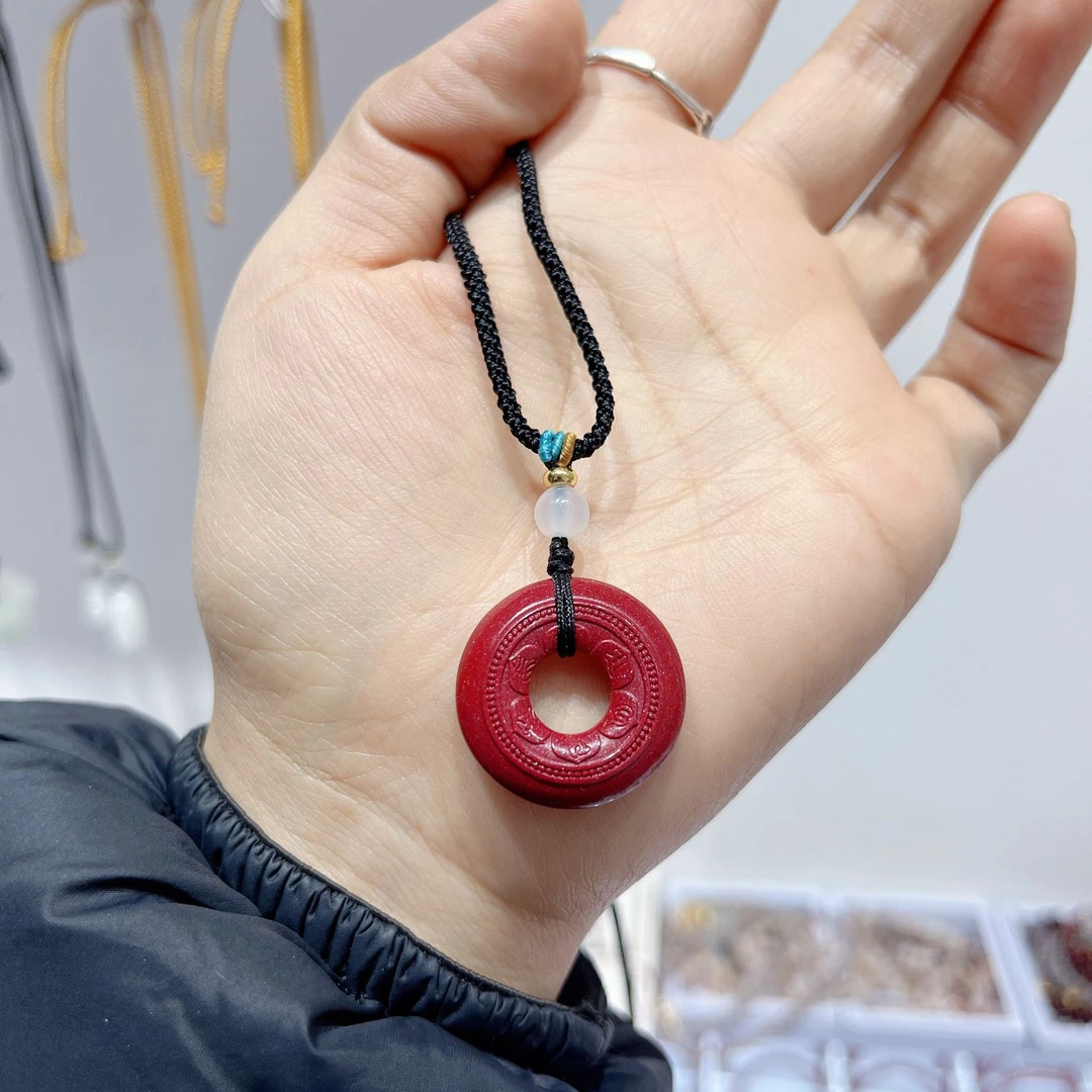 含辰砂工艺品朱砂莲花平安扣项链