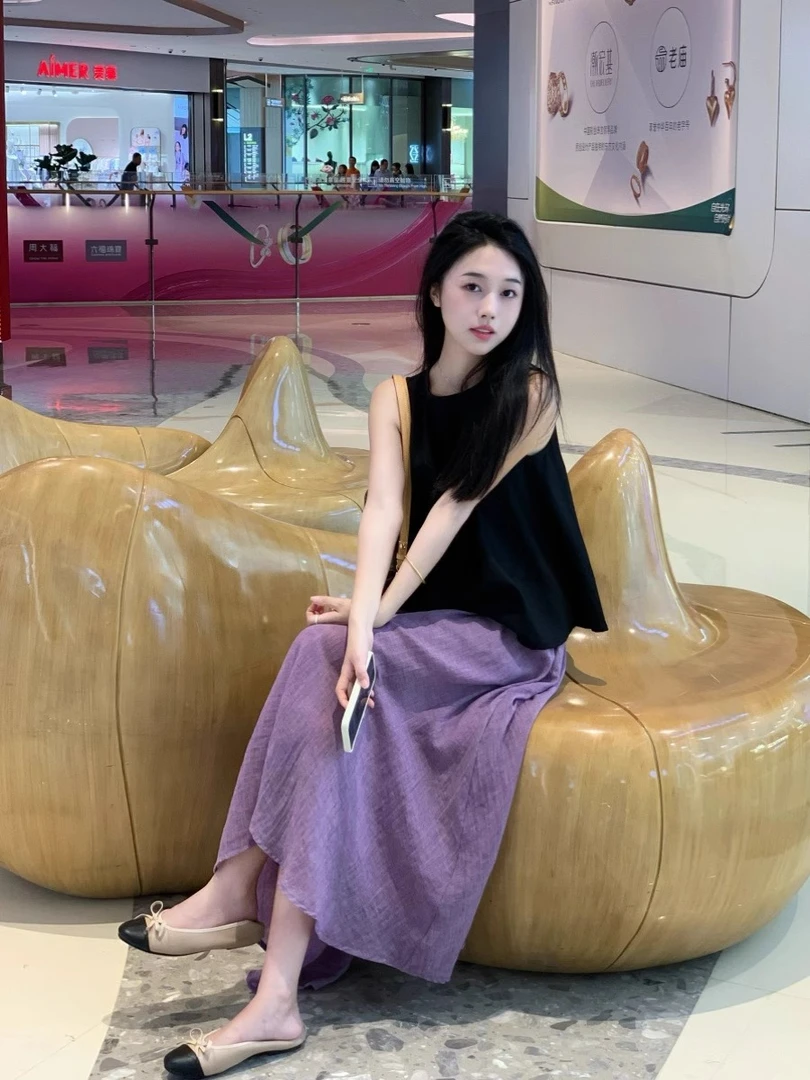 黑色背心上衣温柔紫色半身长裙套装女夏季新款复古气质穿搭两件套