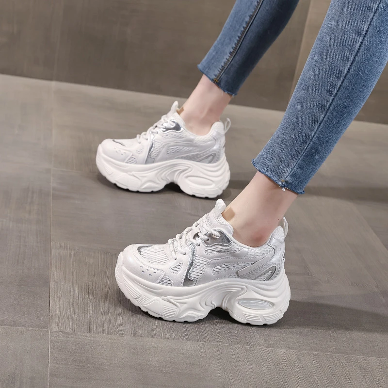 【增高8CM】厚底小个子网面透气老爹鞋女2025夏季新款户外运动跑步