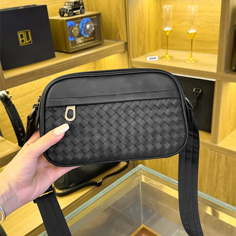 BV头层胎牛皮纯手工编织斜挎包休闲格子韩版时尚百搭单肩包