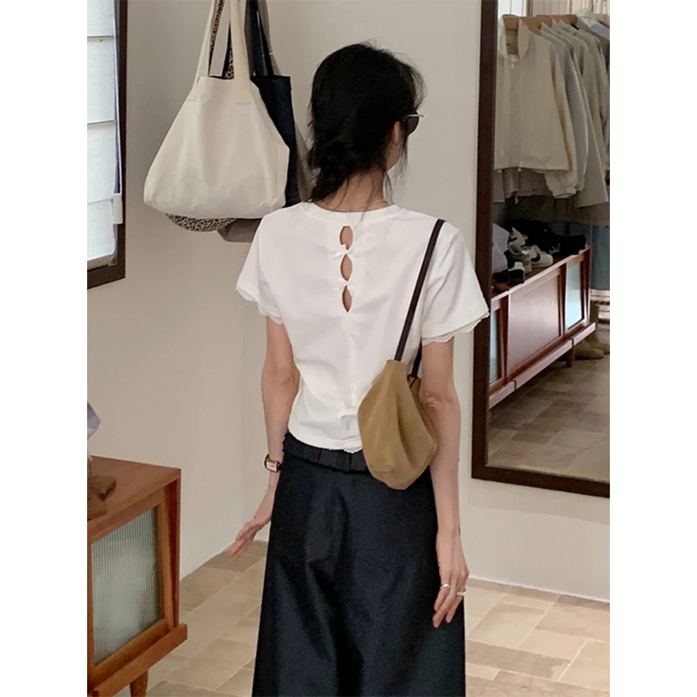 后背镂空白色正肩短袖T恤女夏日ootd穿搭设计感小众蕾丝花边上衣