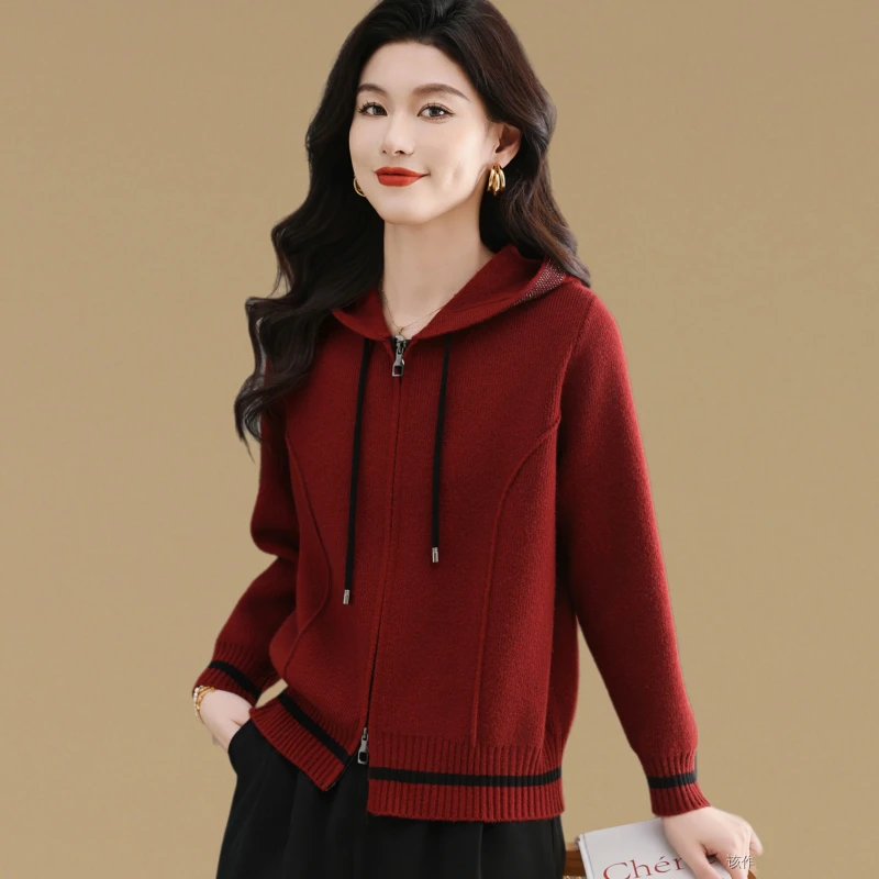 拉链连帽卫衣毛衣外套女春秋2025新款宽松休闲短款外搭针织开衫潮