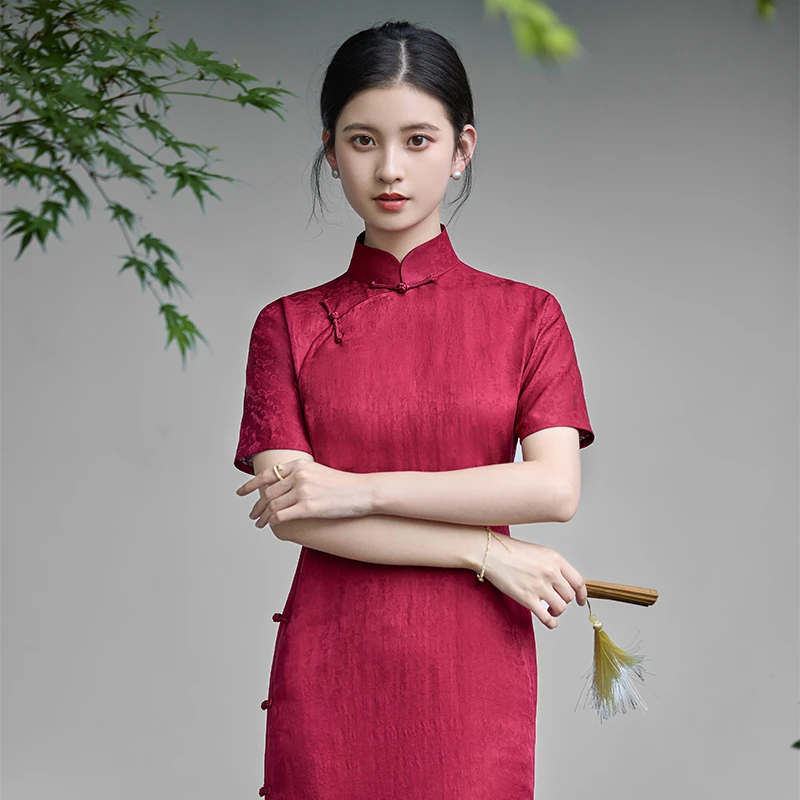 【夭桃秾李】良辰媄锦桑蚕丝红云纱全开襟手工扦边旗袍衣长约130CM