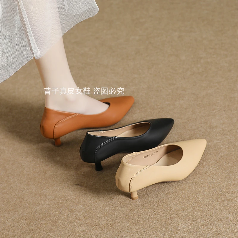 昔子611-6春季浅口新款头层牛皮单鞋工作鞋尖头软底春秋中跟女鞋1