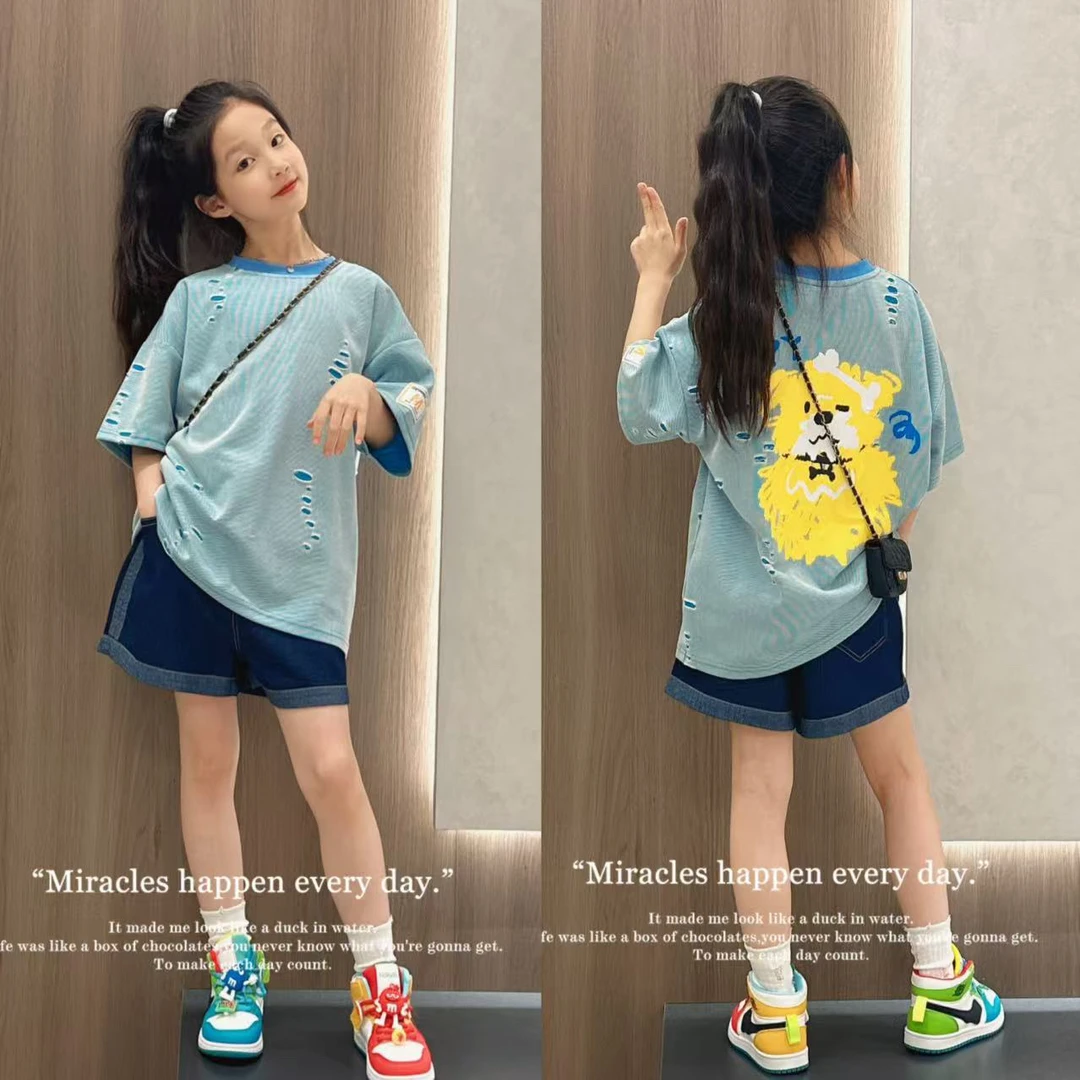 女童夏装短袖t恤破洞卡通儿童宽松半袖上衣中大童女孩体恤夏装潮