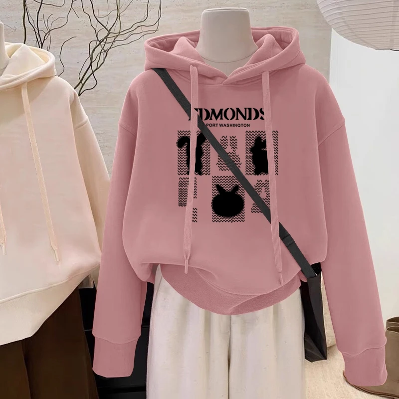 设计感小众秋冬新款2025加绒加厚套头连帽红色卫衣女短款宽松韩版