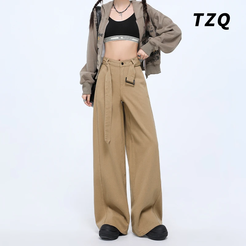 卡其色2025春秋新款美式高腰百搭阔腿牛仔裤女拖地长裤TZQ2520750