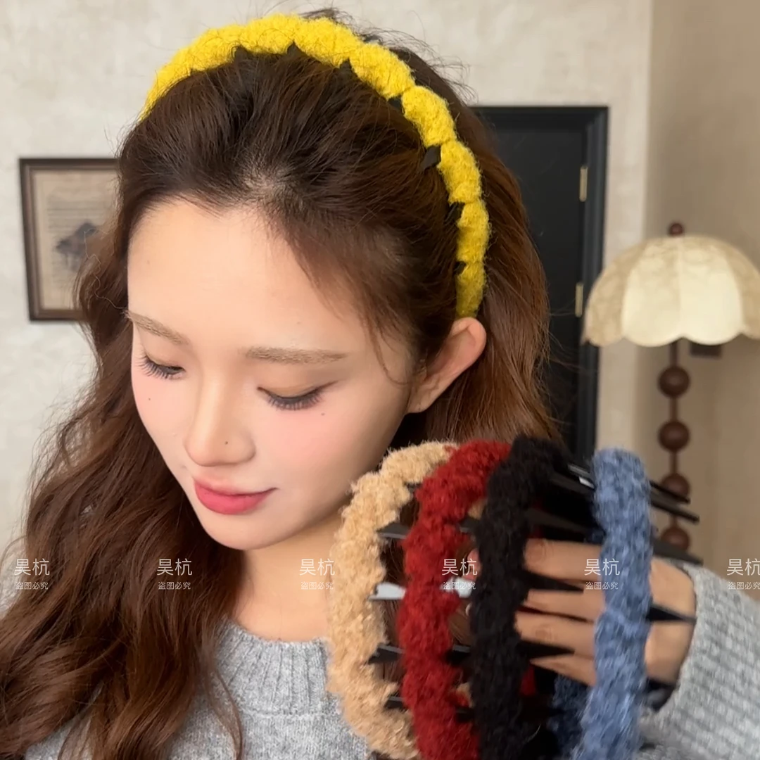 新年红色毛绒高颅顶波浪发箍头顶蓬松神器发卡秋冬带齿防滑头箍