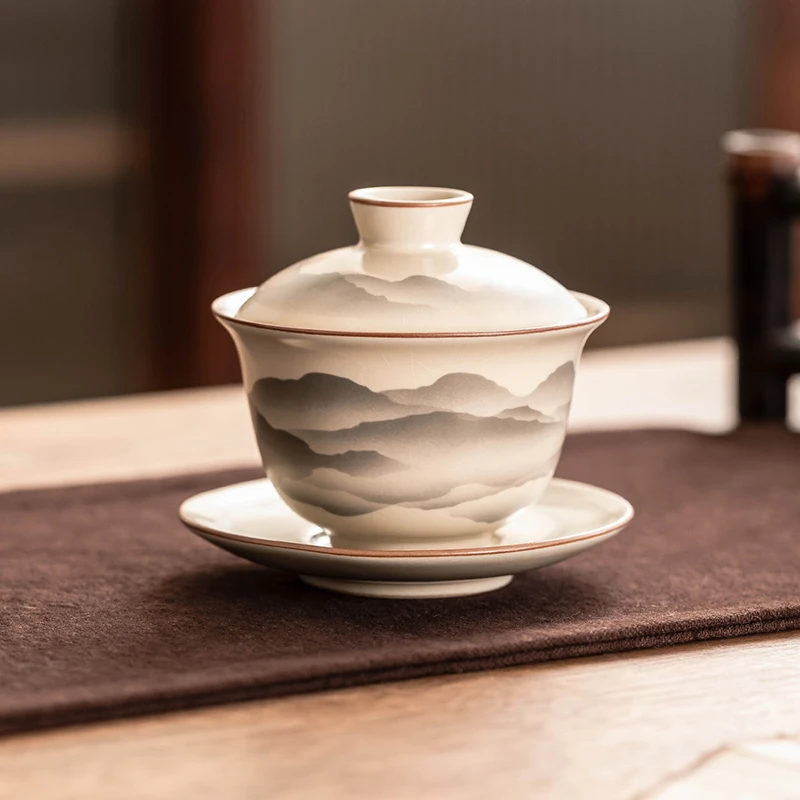 中式汝窑水墨风大容量三才盖碗家用陶瓷泡茶功夫茶具开片可养茶器