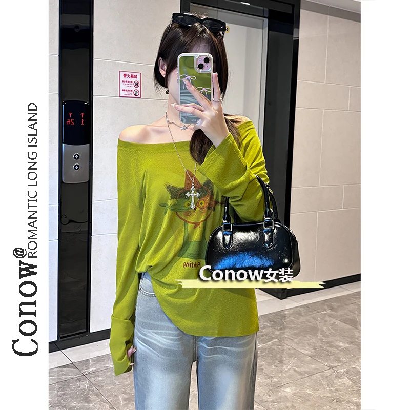 微透防晒罩衫夏季新款复古油画感卡通印花宽松长袖慵懒风T恤