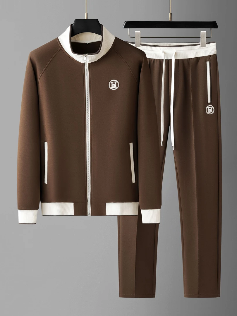 2025秋冬新款男士时尚撞色拼接开衫两件套男修身卫衣休闲运动套装