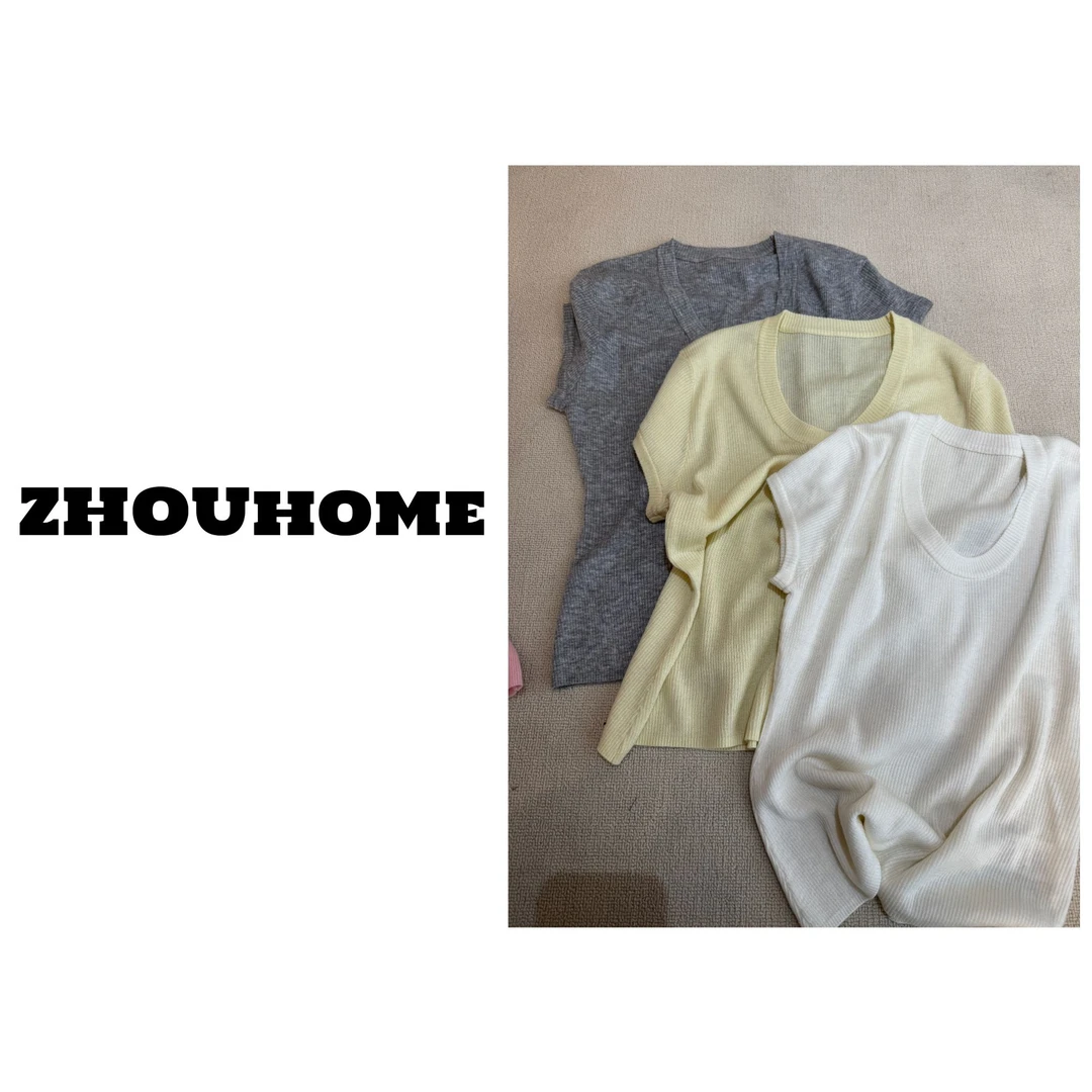 【周周服饰】春款U领短袖毛衣打底衫女2025新款