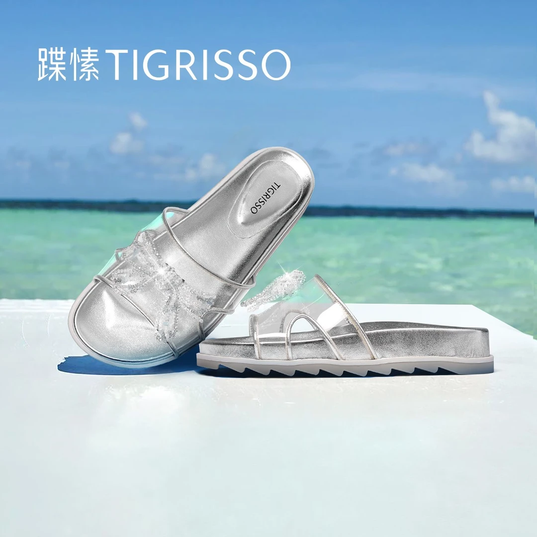 蹀愫夏季新款透明一字带厚底休闲水晶蝴蝶结拖鞋女TA54319-53