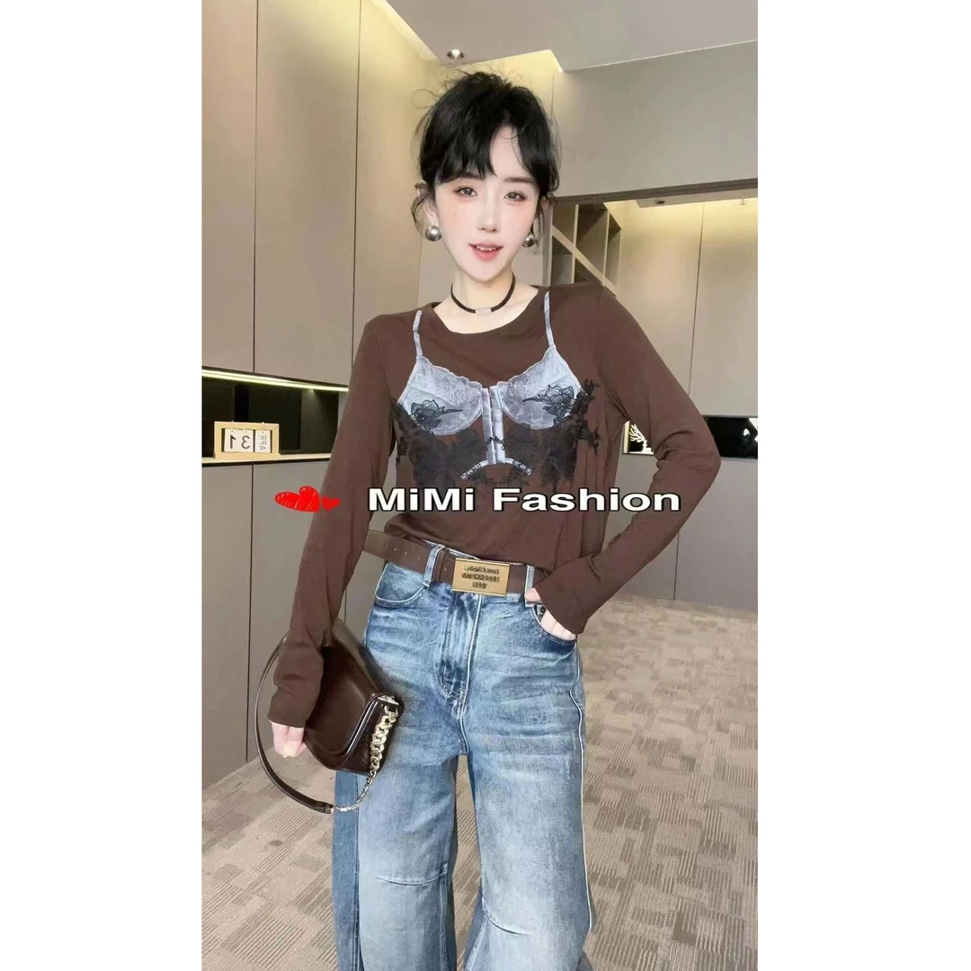 KIKI严选：F948-6688家欧货南油秋季新款小众吊带图案长袖T恤