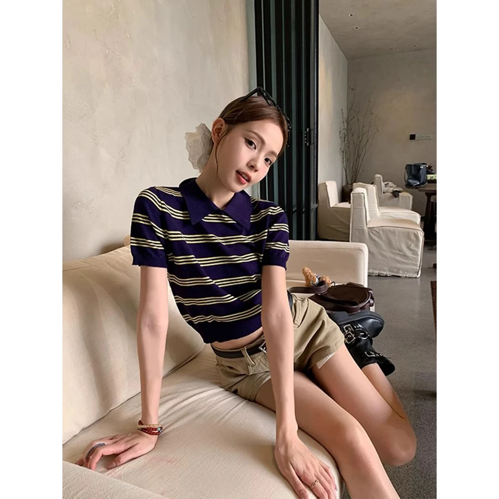 韩版学院风藏青色条纹polo领针织短袖t恤女夏季简约通勤薄款上衣