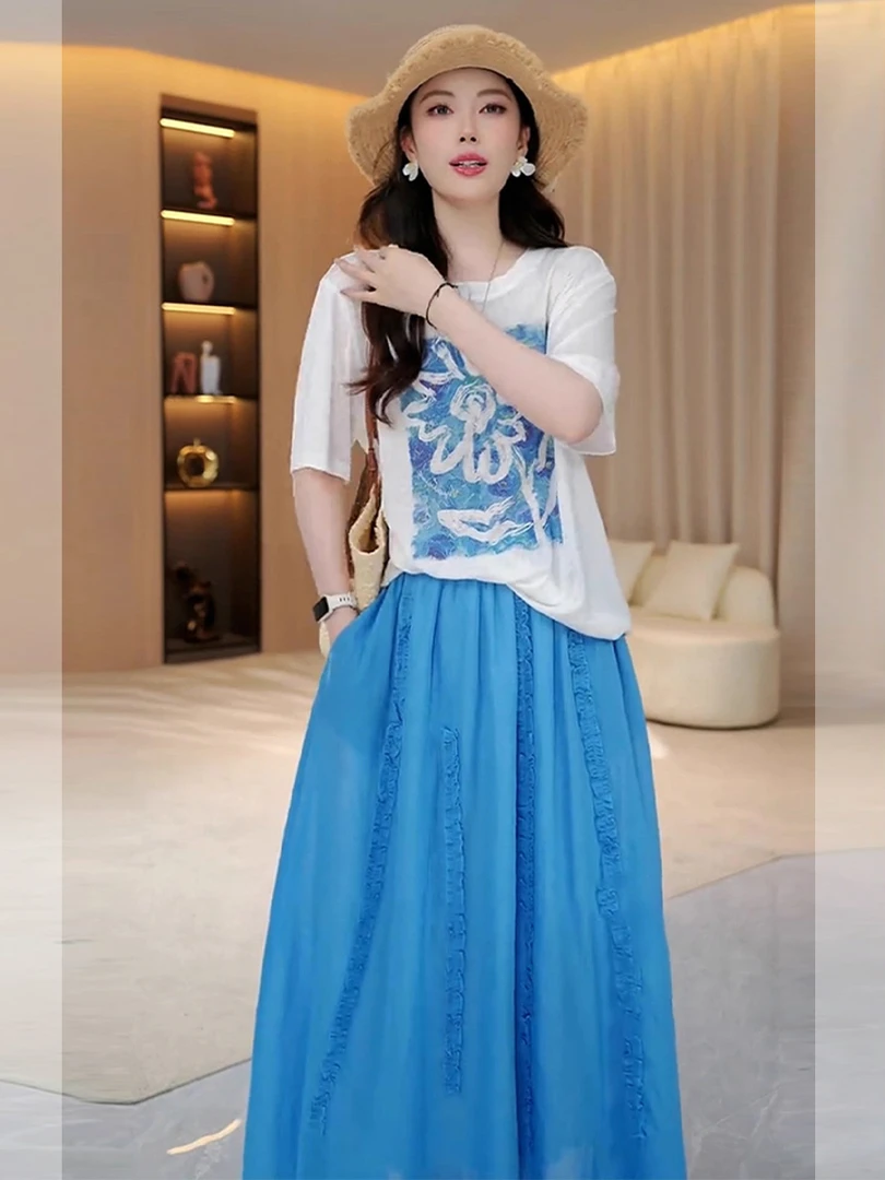 2025超火夏装一整套韩系穿搭高级感白色印花T恤蓝色半身裙套装女