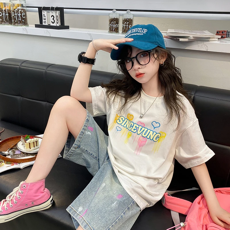女童短袖T恤套装夏季2025新款儿童洋气中大童9-15岁牛仔短裤夏款t