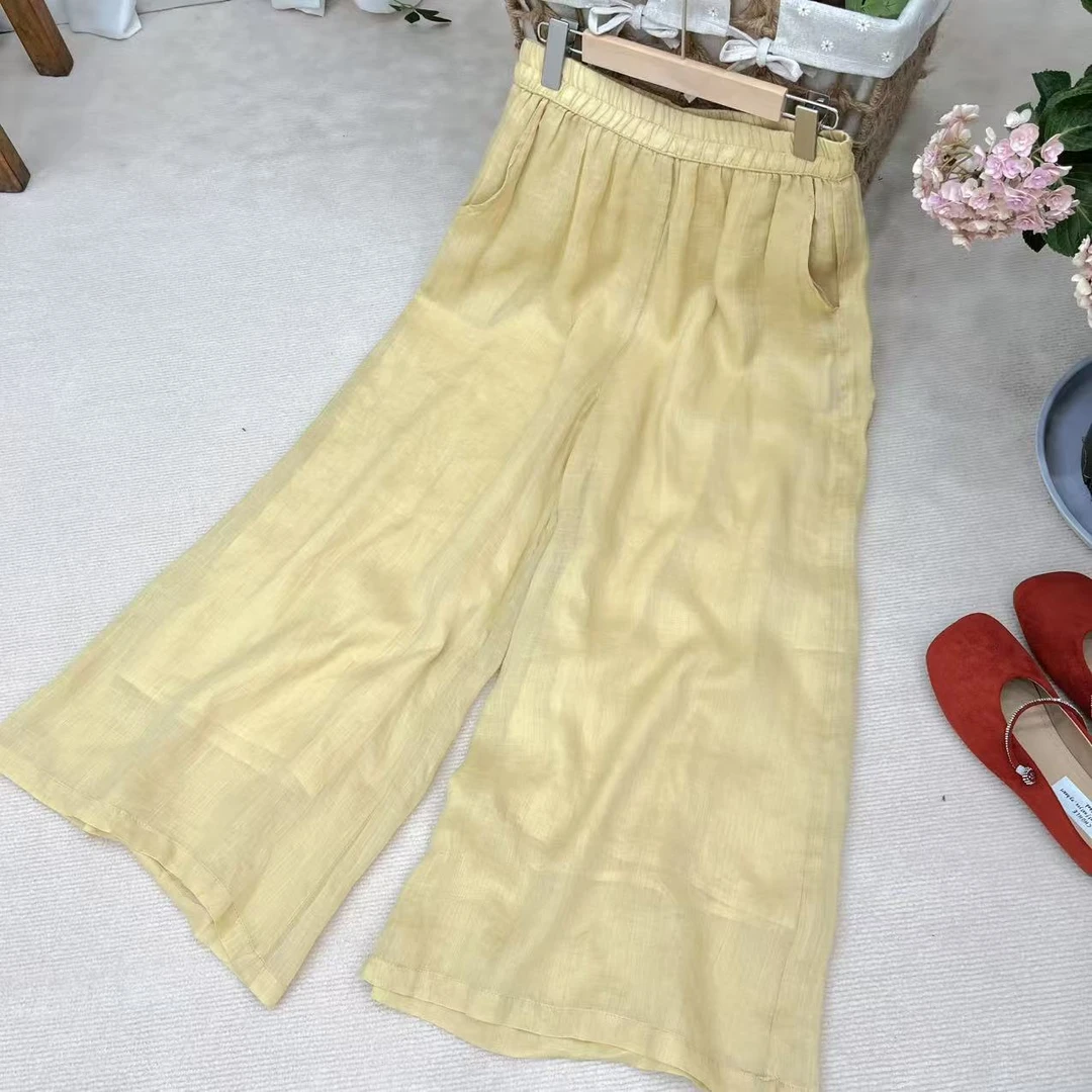 黄色百搭苎麻裤子松紧腰高腰显瘦休闲直筒裤女