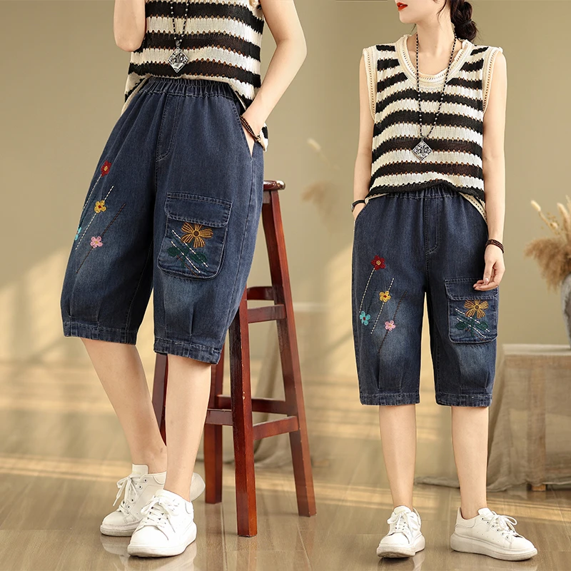 夏季新款文艺休闲刺绣五分牛仔裤女松紧腰大码五分短裤女新款牛仔