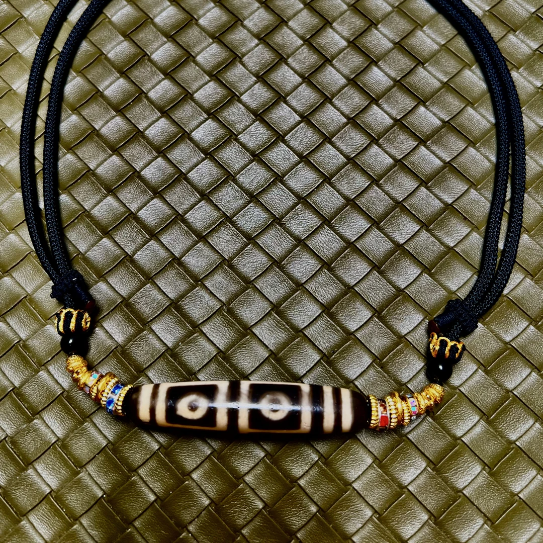 合金吊坠 四眼天珠锁骨手工时尚黑色复古编织中古精致气质精美