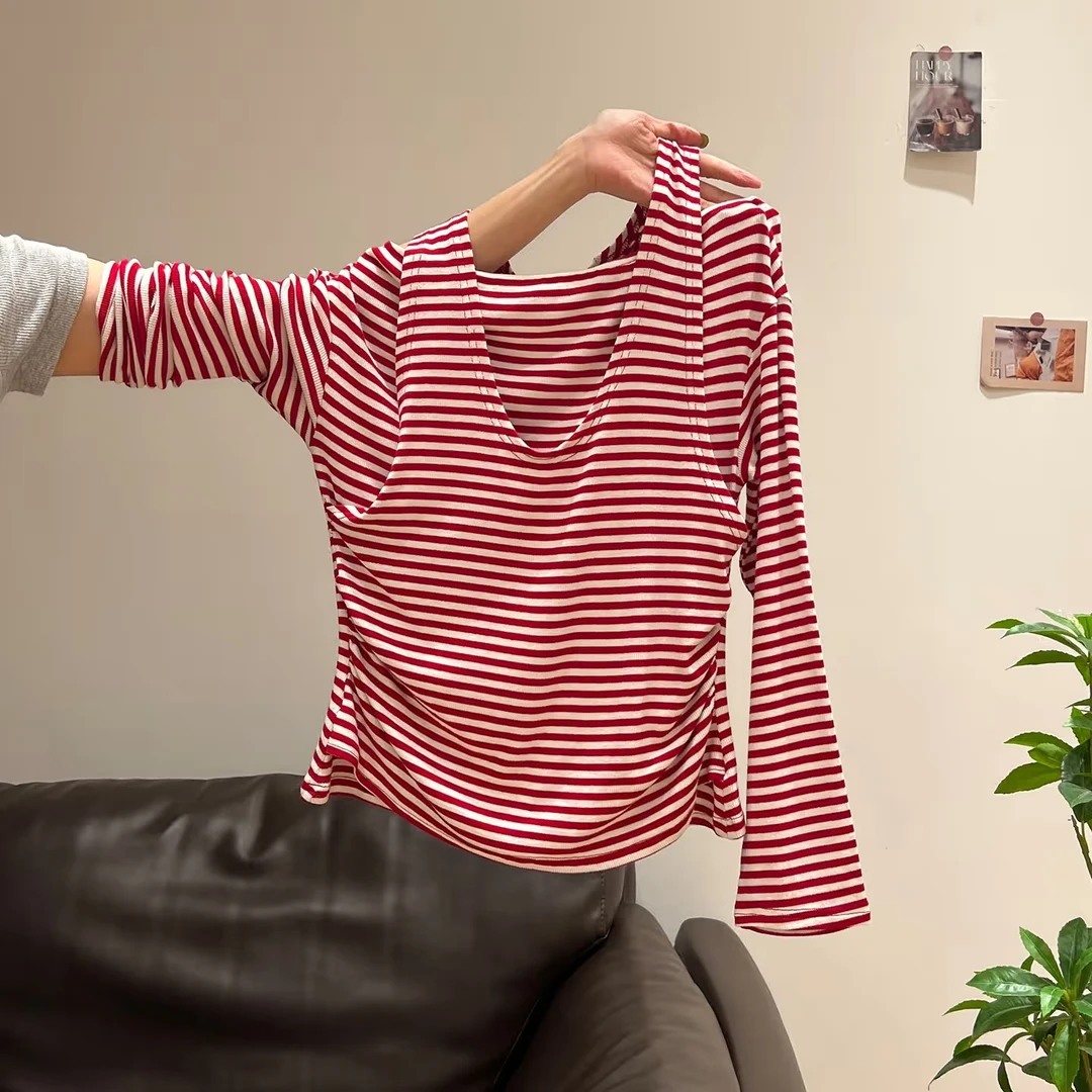 红白条纹挂脖假两件长袖T恤女2025早秋季新款修身显瘦打底衫上衣