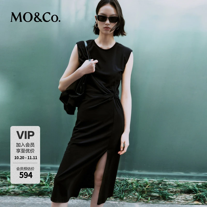 MOCO夏凉感无袖捏褶收腰开叉连衣裙MBD2DRST57