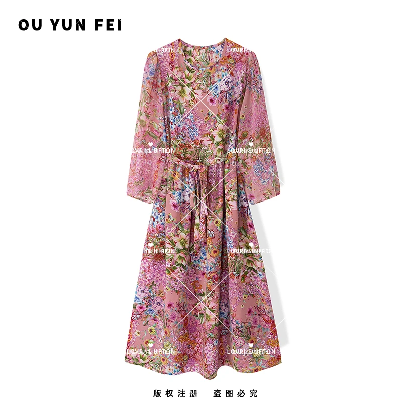 【浪漫花园】宽松连衣裙气质夏季大码法式收腰中式系带女装长裙3091