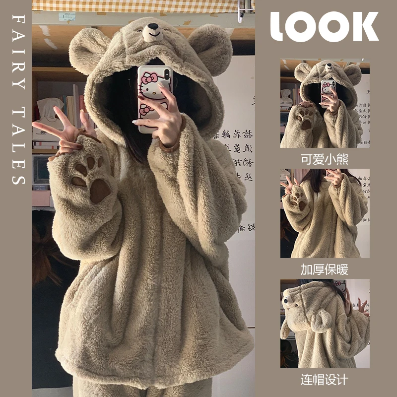 小熊连帽珊瑚绒睡衣女网红风冬季新款可爱卡通加厚加绒居家服套装