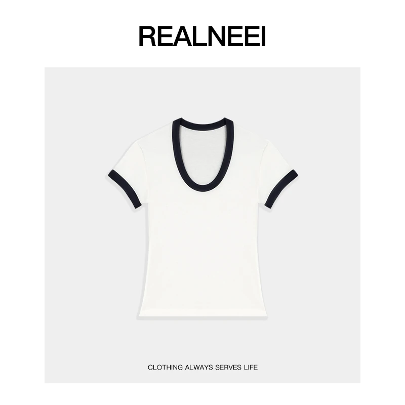 REALNEEI【】休闲天丝羊毛基础撞色舒适亲肤短袖T恤X9105