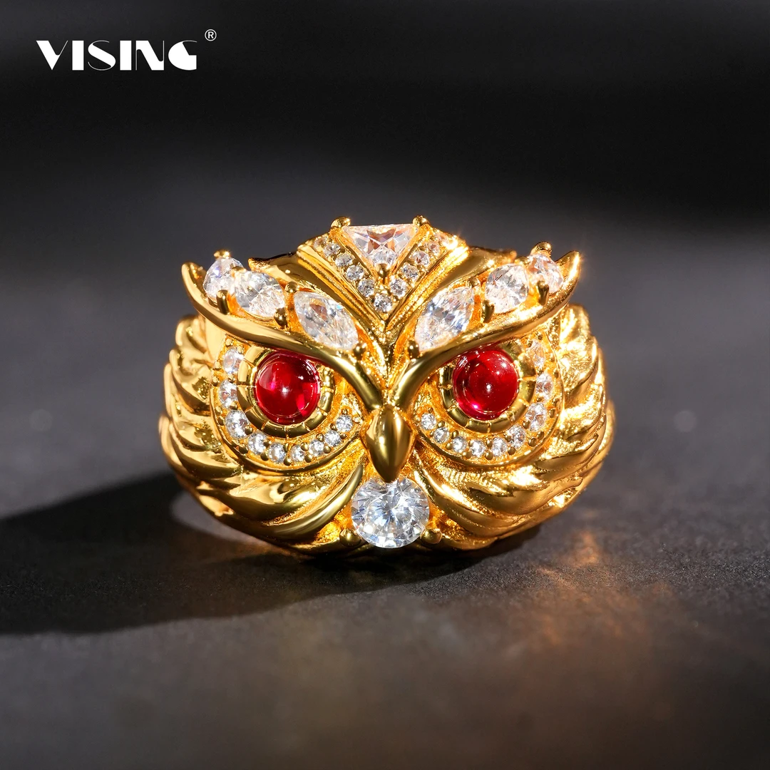 培育红宝石VISING金色猫头鹰戒指手工镶钻s925银镀金