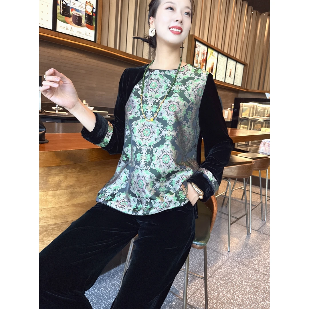 【老罗家】原创丝绒衬衫女新中式桑蚕丝绒拼宋锦百搭圆领长袖衬衣