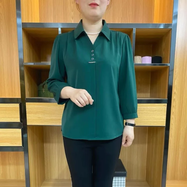 七分袖衬衫女妈妈装纯色遮肉显瘦中老年上衣洋气大码春夏夏季中年