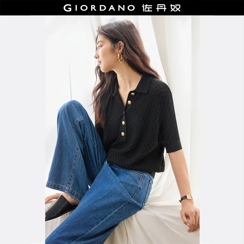 佐丹奴25夏新款镂空老钱风翻领时尚气质短袖针织衫女18355906