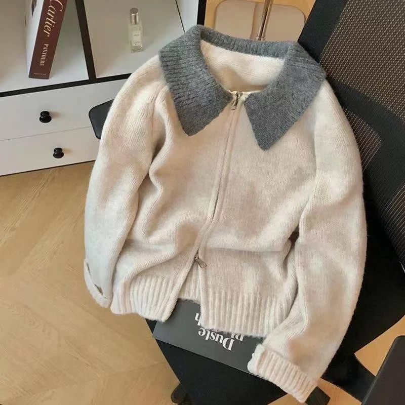 L332高级感POLO领拼接针织开衫双头拉链慵懒风毛衣外套女