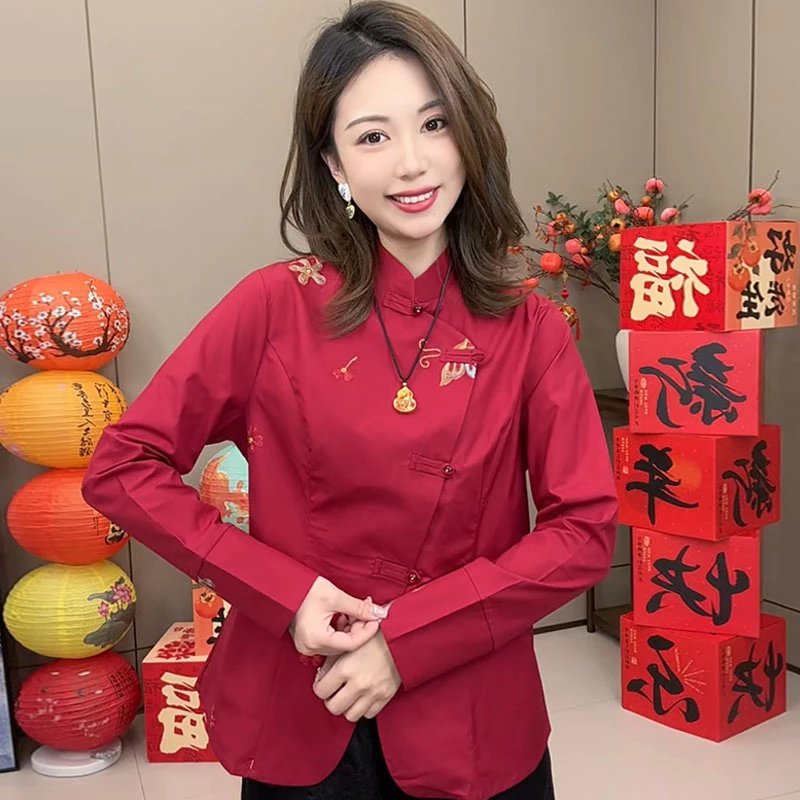 新款时尚气质修身长袖衬衫蝴蝶刺绣斜襟立领上衣1015