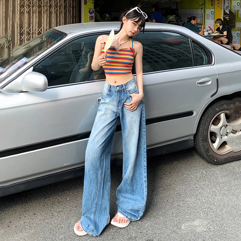 REDR复古低腰直筒牛仔裤女2025新款浅蓝渐变色裂纹宽松阔腿裤