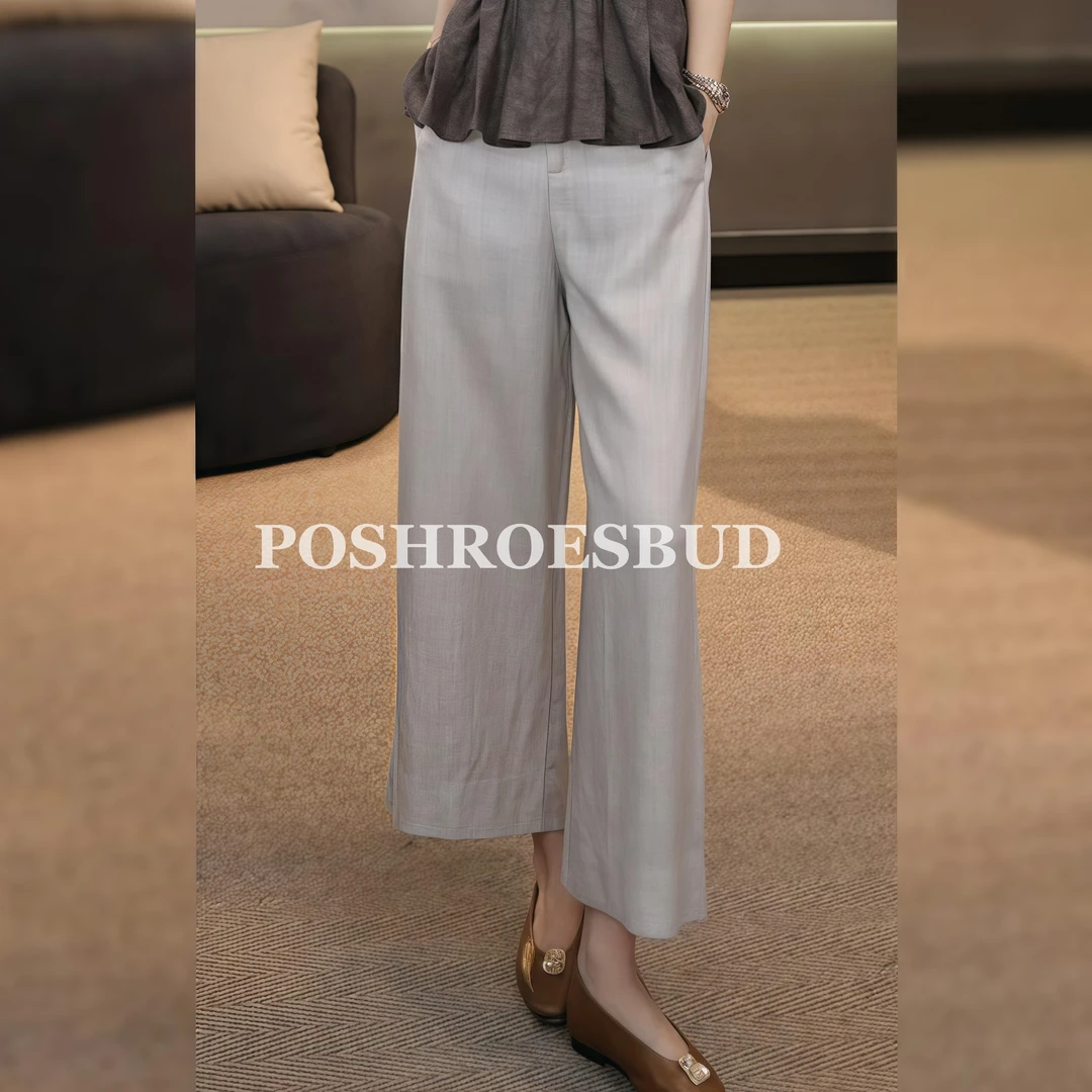 POSHROSEBUD【惬意而行】天丝亚麻宽松松紧高腰气质休闲裤-W61673