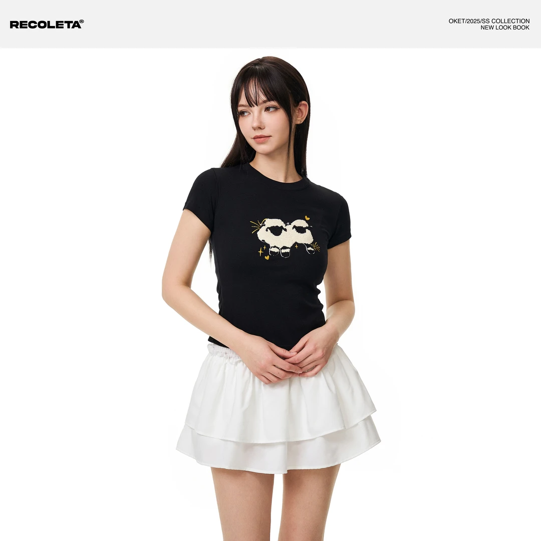 RECOLETA美式可爱小羊毛巾绣正肩短袖t恤女夏紧身显瘦短款上衣潮