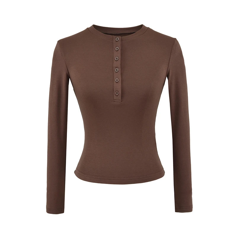燃燃家辣妹半开领排扣加绒打底衫时尚百搭修身短款长袖内搭T恤