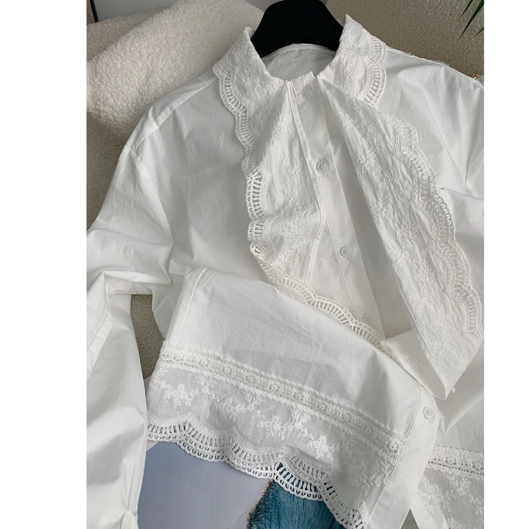 okk！高定设计感下摆蕾丝拼接圆领绑带宽松长袖衬衫
