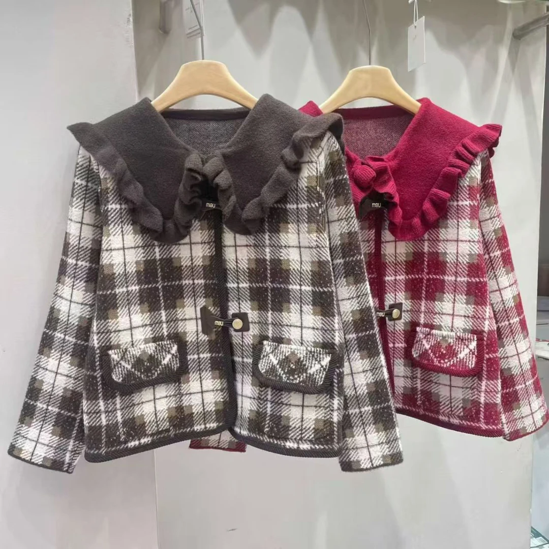 时尚双面毛呢小香风格子外套秋冬百搭