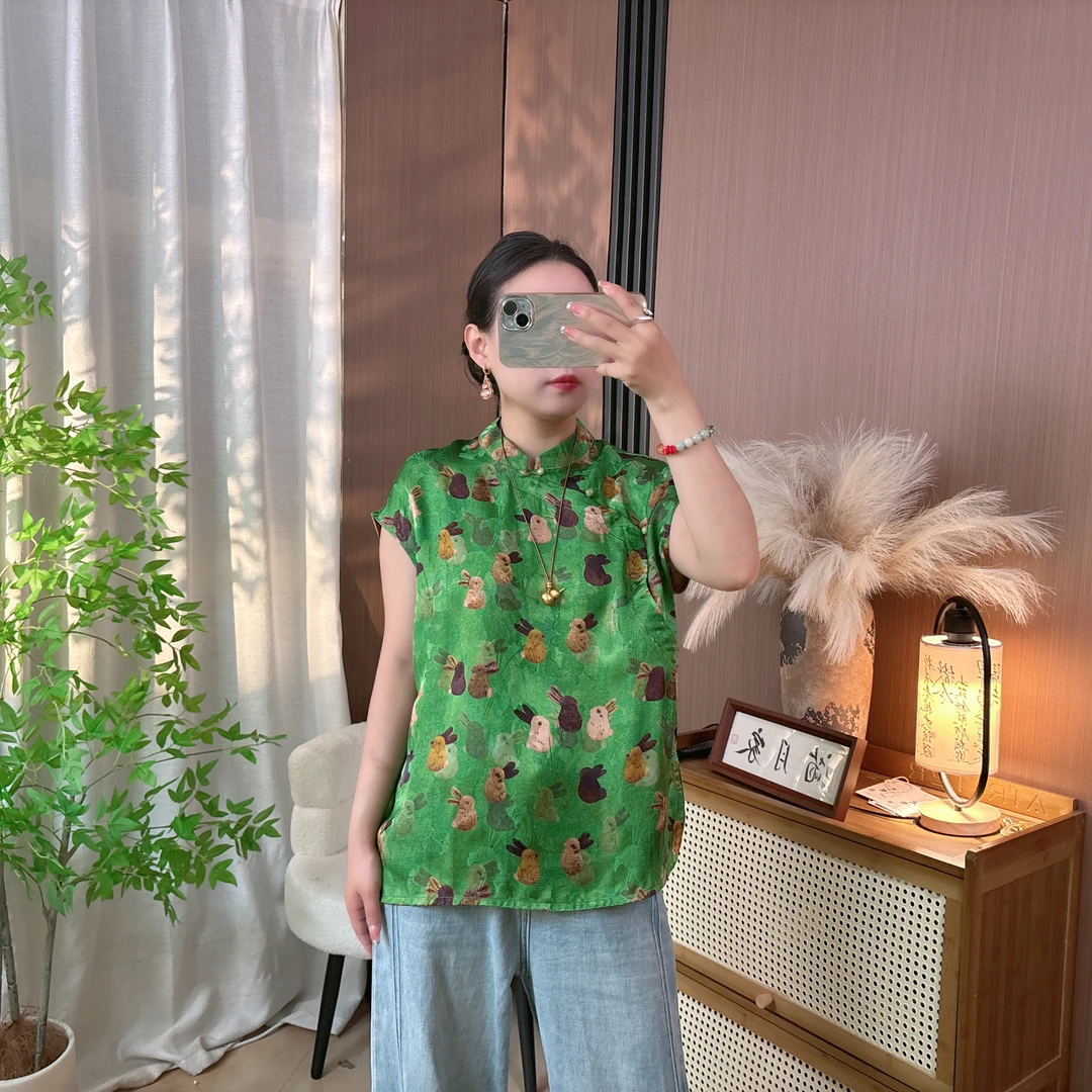 【玉兔】人丝香云纱新中式女花萝上衣国风月牙袖短袖提花宽松复古