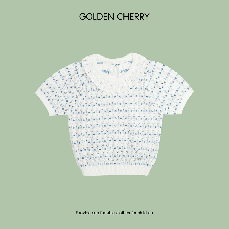 【金樱桃Golden cherry】小童蓝色小花娃娃领针织透气T恤
