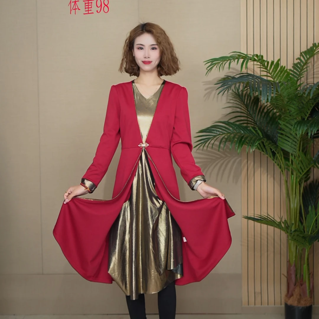 8500[品尚]春夏季新款假两件中长款大码连衣裙气质显瘦撞色宽松裙