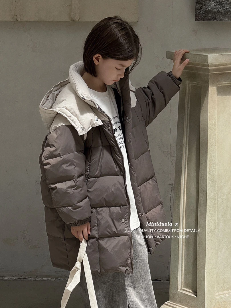 2025儿童防寒服秋冬季新款时尚百搭韩版加厚双肩拼色连帽保暖外套