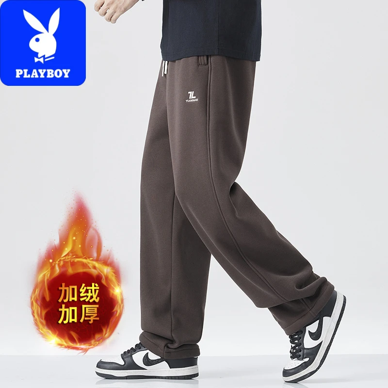 花花公子冬季加绒加厚卫裤男宽松直筒裤型日系复古百搭休闲裤